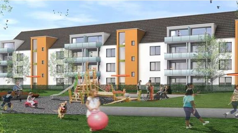 Rheinwohnungsbau Kita Kuthsweg, Simulation Gartenansicht auf Außenfassade, Vordergrund spielende Kinder auf Spielplatz